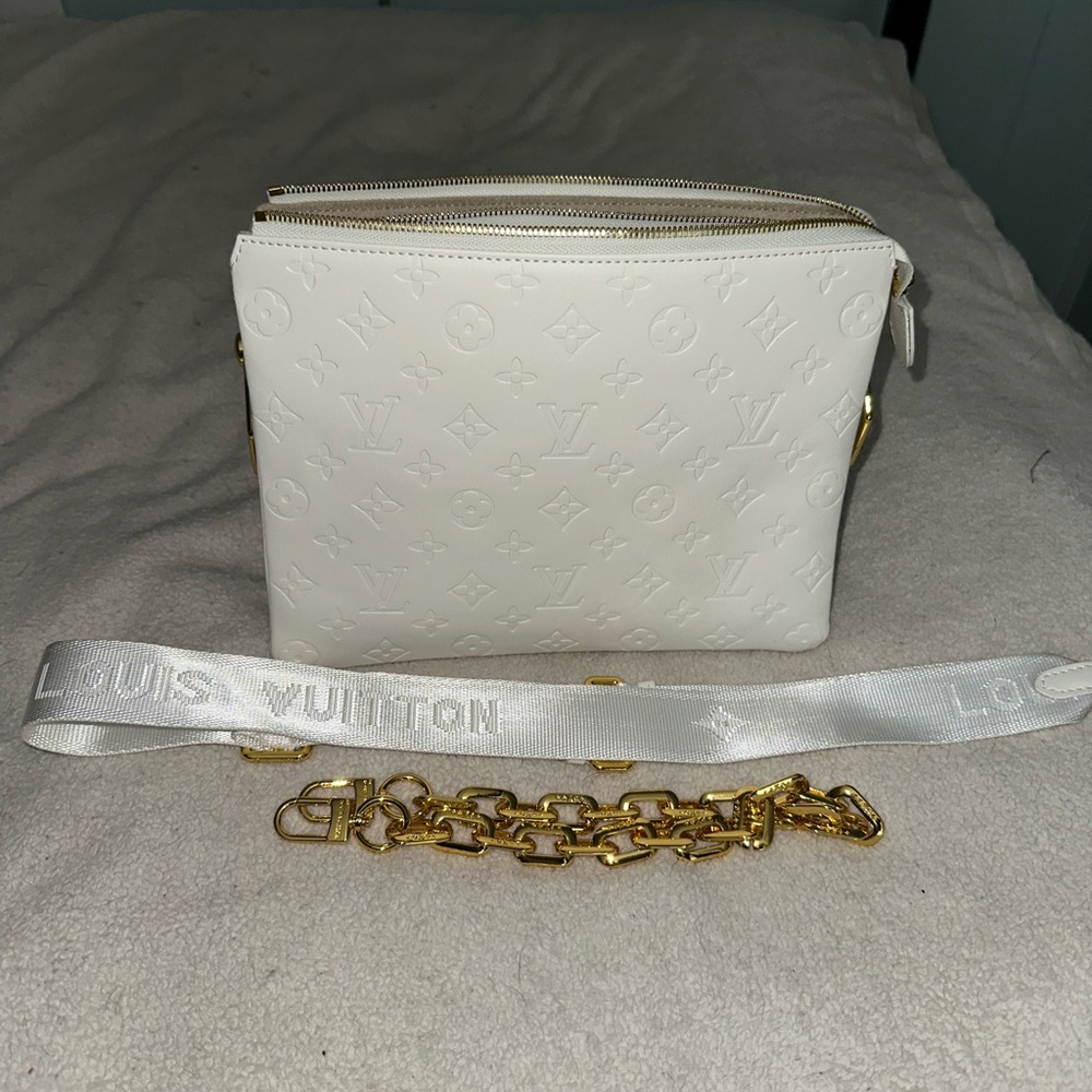 Fashion Designer Inspired Cream Crossbody Bag with Gold Accents